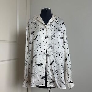 Vintage Silk Button Front Heels Print Blouse